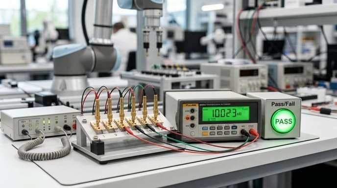 Automated resistance measurement and calibration station for 100% NTC verification