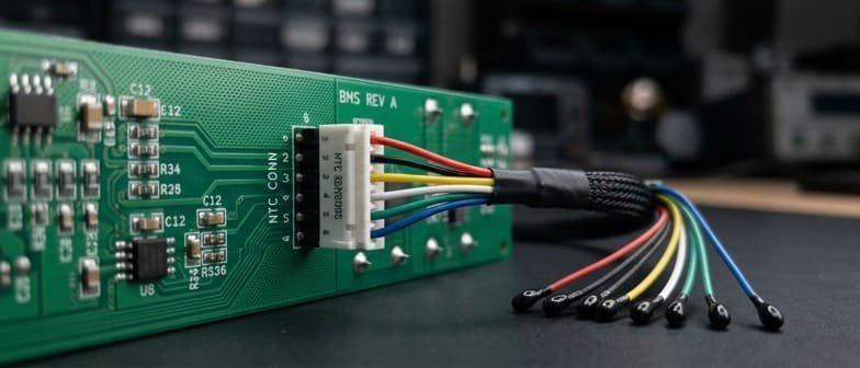 BMS NTC temperature sensing harness connecting to battery management system
