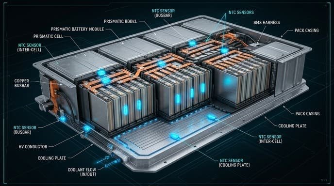 EV battery pack cross-section showing NTC temperature sensor installation positions at busbar, module gaps, and cooling plate