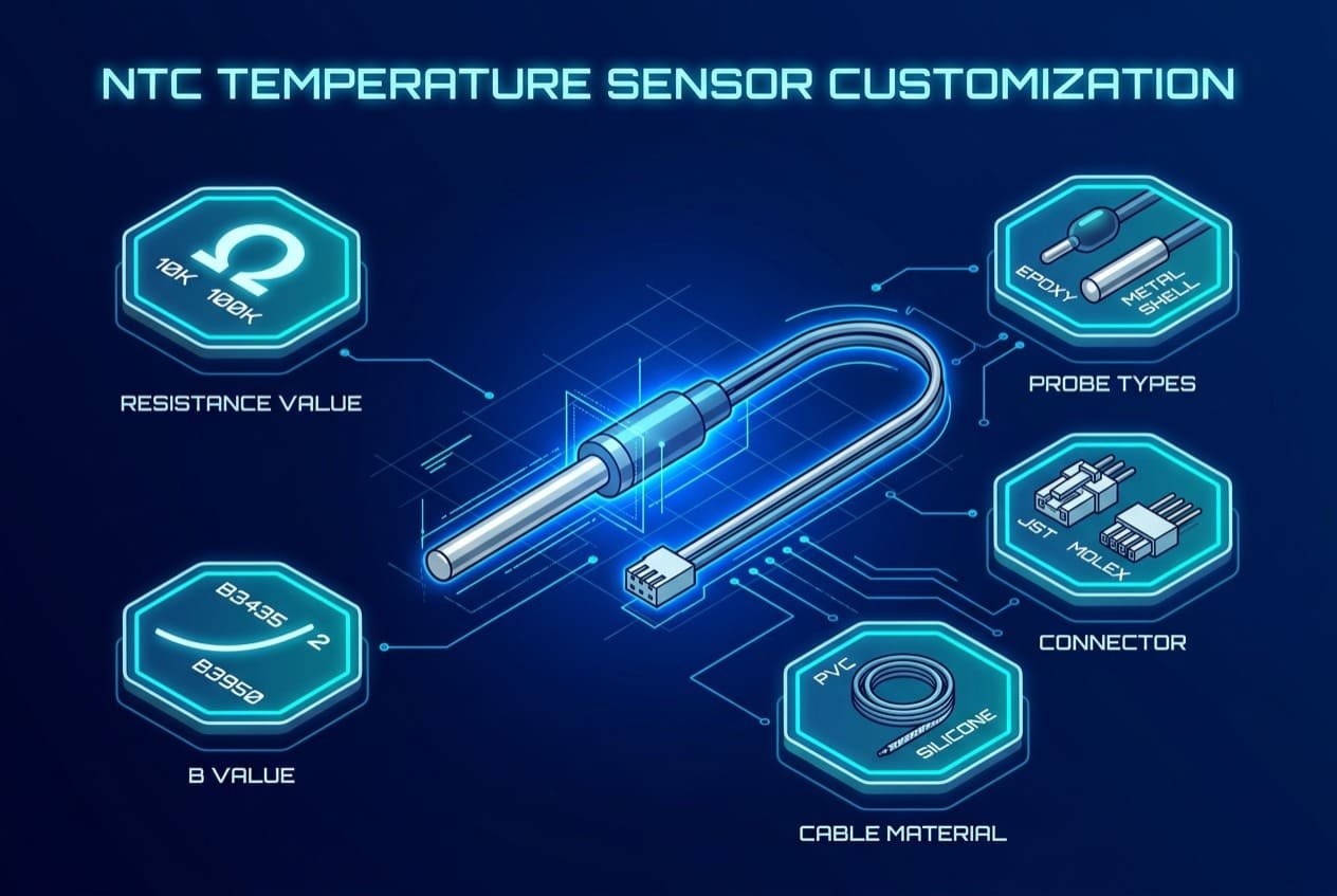 NTC sensor customization parameters -- resistance, B value, probe, cable, connector