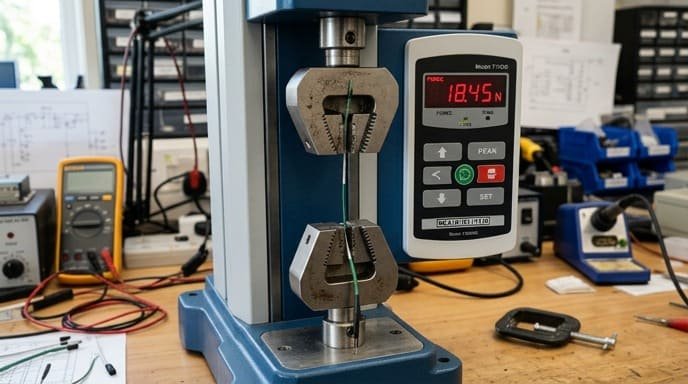 Pull force testing machine for NTC wire and connector mechanical strength verification