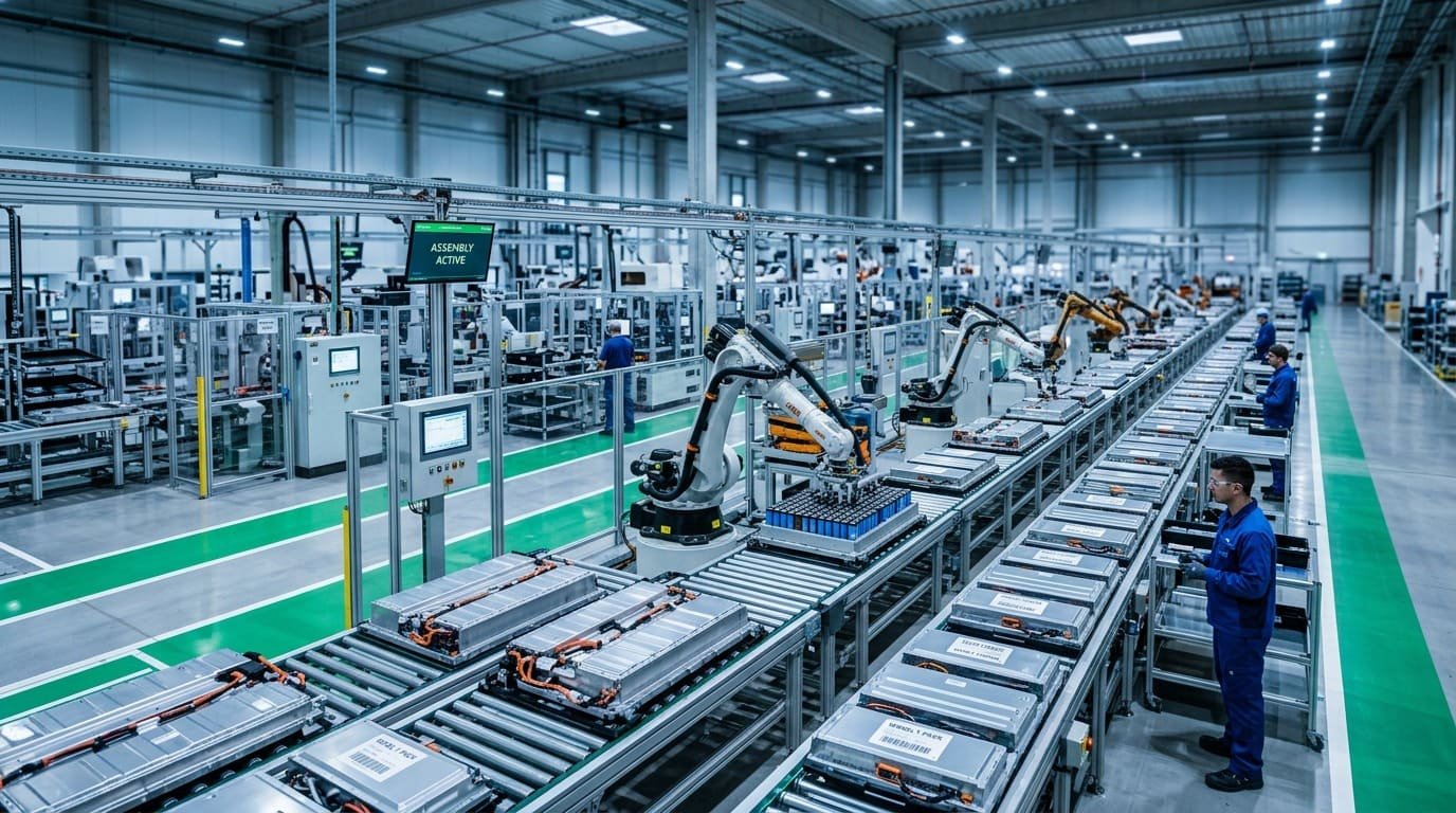 EV battery pack assembly line -- automotive production facility