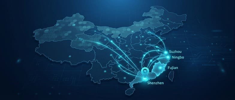 Map showing BeiDuoli headquarters in Shenzhen, Suzhou automotive sales office, Ningbo and Fujian branches
