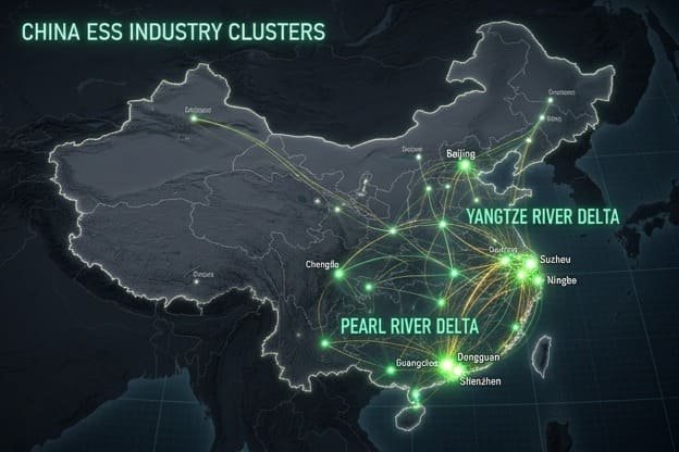 China map showing BeiDuoli ESS customer locations in Shenzhen, Suzhou, and Ningbo